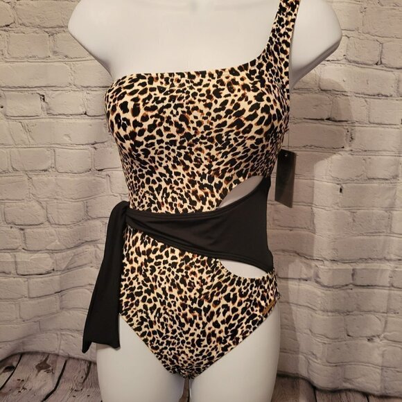 Vince Camuto Printed One-Shoulder Wrap Tie One-Piece - Picture 1 of 5